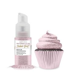 a pink cupcake next to a bottle of glitter paint with the words tinker dust for large projects