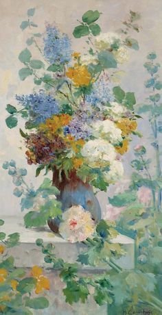 a painting of flowers in a vase on a table