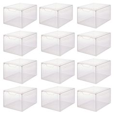 twelve clear plastic storage boxes with lids