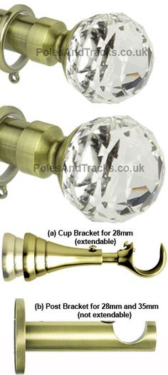 an image of crystal door knobs and handles with measurements for each one in gold