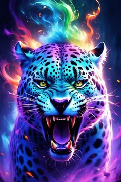 a painting of a leopard with its mouth open and it's teeth lit up