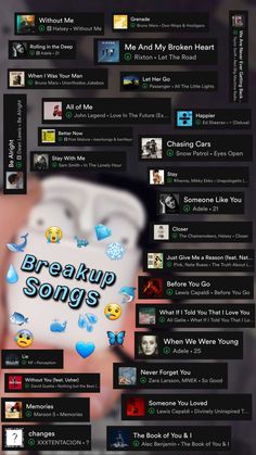 an image of a web page with the words'break up songs'on it