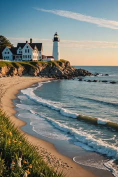 a lighthouse on top of a cliff next to the ocean with waves crashing in front of it