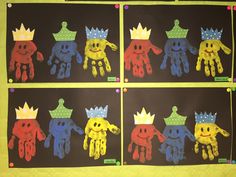 four different pictures of handprints with crowns on them, and one is wearing a crown