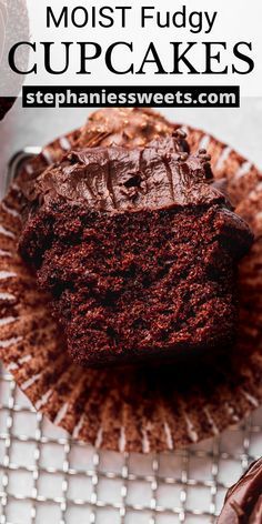 chocolate fudge cupcakes on a plate with the words, moist fudge cupcake