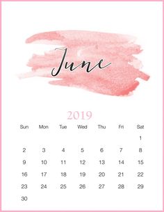 a calendar with the word june on it and pink watercolor paint in the background