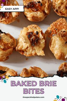 baked brie bites on a white plate with the words easy app written above them