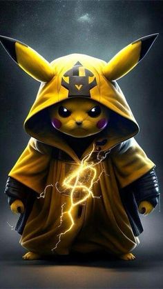 a cartoon character dressed as a pikachu holding a lightning bolt