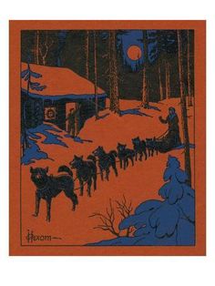 an orange and blue christmas card with a dog sleigh in the background