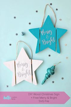 three wooden star ornaments with merry and bright written on them