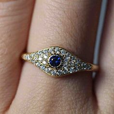 Blue Sapphire and Diamond Evil Eye Ring – VicStone.NYC Evil Eye Ring Gold, Simple Diamond Ring, Diamond Ring Unique, Signet Rings Women, Green Gem, Diamond Evil Eye, Blue Stone Ring, Simple Diamonds, Unique Diamond Rings