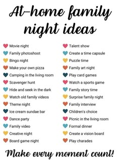 a poster with the words at home family night ideas on it and hearts in different colors