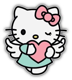 a hello kitty holding a heart with her arms in the shape of an angel's wings