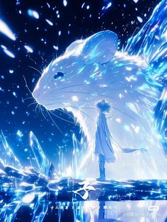 an anime character standing next to a large rat