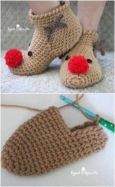 crocheted slippers with red nose and nose on the bottom are shown in two different