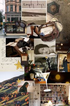 a collage of photos with books, pictures, and other things in them that are all over the place