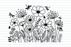 flowers and butterflies drawn on lined paper