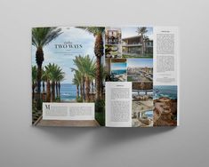 an open brochure with pictures of palm trees and the ocean in the background