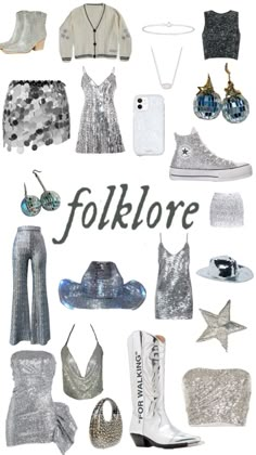 the words folklore are surrounded by many different types of clothing and accessories, including shoes