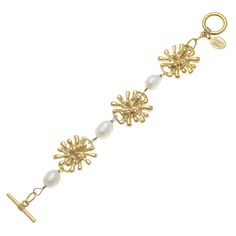 Handcast Gold Firecracker and Pearl Bracelet 24kt triple gold plated Genuine Freshwater Pearls Handmade in San Antonio, TX Gold Starburst, Freshwater Pearl Bracelet, Toggle Bracelet, 24kt Gold, San Antonio Tx, Freshwater Pearl Necklaces, Pearl Bracelet, San Antonio, Stretch Bracelets