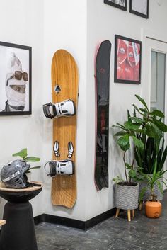 a snowboard mounted to the side of a wall next to a potted plant