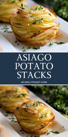 two plates filled with potato stacks and garnished with parsley