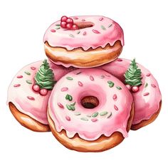 three donuts with pink frosting and sprinkles on top are stacked together