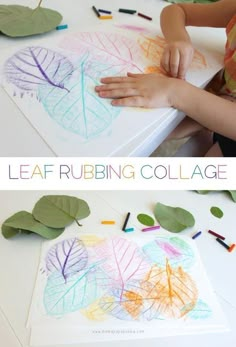 two pictures with leaves and crayons on them, one has a child's hand