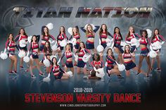 a group of cheerleaders posing for a photo in front of a black background