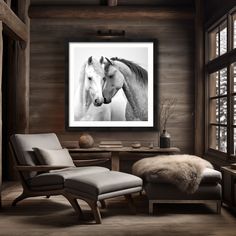 two horses standing next to each other in a living room with wood walls and flooring