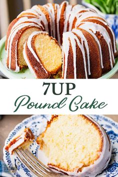 a bundt cake with white icing on top and the words, 7up pound cake