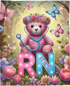 a pink teddy bear with a stethoscope in its mouth surrounded by flowers and butterflies