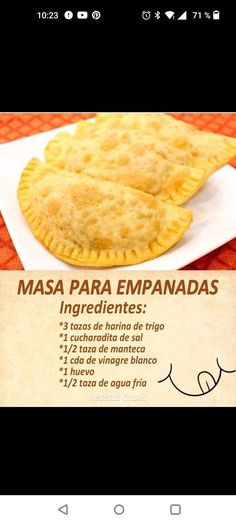 some food is sitting on top of a paper plate with the words masa para empanadas