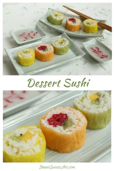 different types of sushi on plates with chopsticks next to each other and the words desert sushi above them