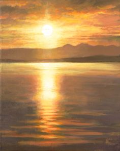 a painting of the sun setting over water