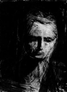 a black and white drawing of a man's face with his eyes closed in the dark