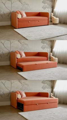 three different views of a couch with pillows on it