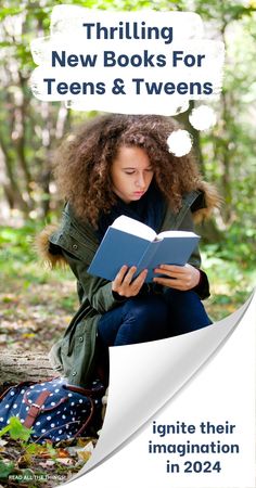 a woman sitting on the ground reading a book with trees in the background and text overlay