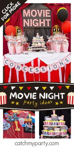 a movie night party with popcorn, cake and other items for the movie themed table