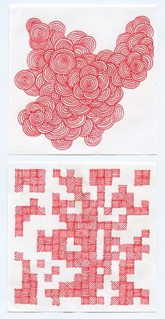 two pieces of paper with red and white designs on them, one in the shape of a cloud