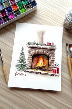 A holiday-themed watercolor fireplace with seasonal decor, ideal for creating Christmas cards. Watercolour Christmas Illustration, Watercolor Christmas Fireplace, Christmas Drawing Inspiration, Diy Christmas Cards Aesthetic, Cozy Christmas Painting, Diy Christmas Cards Handmade Watercolor, Christmas Drawing Watercolor, Aesthetic Christmas Cards Diy, Water Paint Christmas Cards