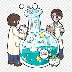 two people in lab coats standing next to a large glass flask filled with liquid