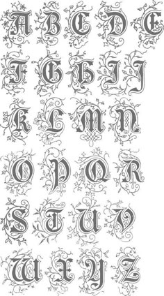 an old english alphabet with swirls and flowers on the upper part of each letter