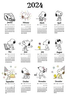 a calendar with cartoon characters on it and the date for each month in black and white