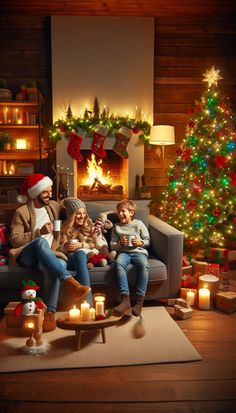 three people sitting on a couch in front of a christmas tree with lit candles and presents