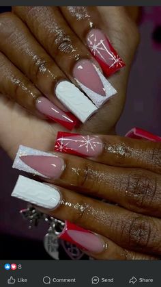 Medium Acrylic Christmas Nails, Pink Christmas Nail Designs Simple, Red And White Sweater Nails, Christmas Nails For Brown Skin, Chirmast Nails, Nail Idea Winter, Christmas Shorties Nails, Christmas Nails Acrylic Designs