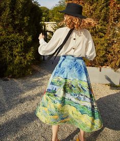 Fine Art Collection Van Gogh art inspired oil painting blue theme high waist skirt · PurpleFishBowl · Online Store Powered by Storenvy Oil Painting Dress, Art Inspired Outfits, Van Gogh Clothes, Van Gogh Outfit, Van Gogh Dress, Art Student Outfit, Painting Skirt, Painter Outfit, Art Teacher Outfits