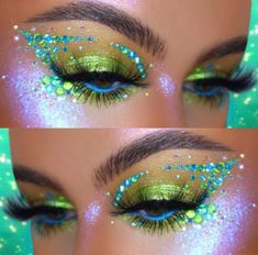 Eye makeup/ eye shadow looks/ green Edc Makeup, Fairy Face Paint, Brow Freeze, Escape Pod, Flower Costume, Carnival Makeup, Cute Eye Makeup, Loose Setting Powder