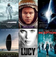 four movie posters with the same character in them, including an astronaut and a woman