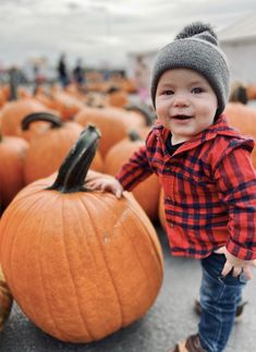 a little boy standing in front of a large group of pumpkins on the ground